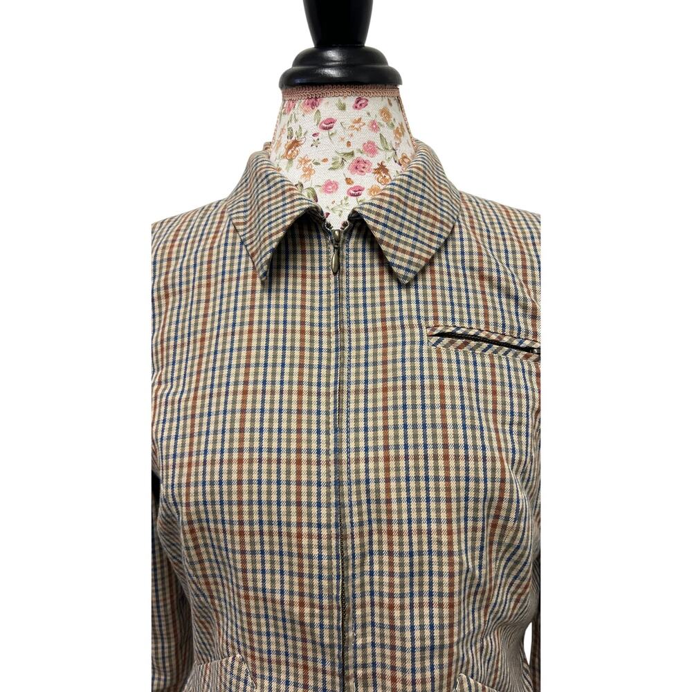 🧥 Petite Sophisticate Plaid Jacket US 8 Vintage 90s Preppy Zip Cotton Coat - Picture 2 of 4